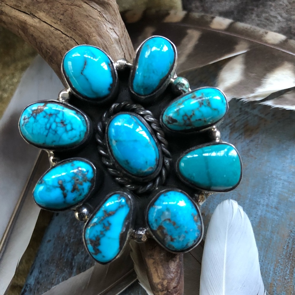 Sterling and natural turquoise cluster ring adjustable